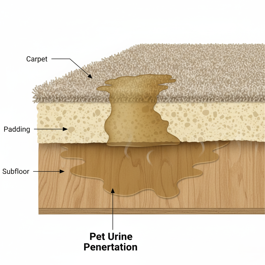 Diagram illustrating how pet urine penetrates carpet layers down to the subfloor