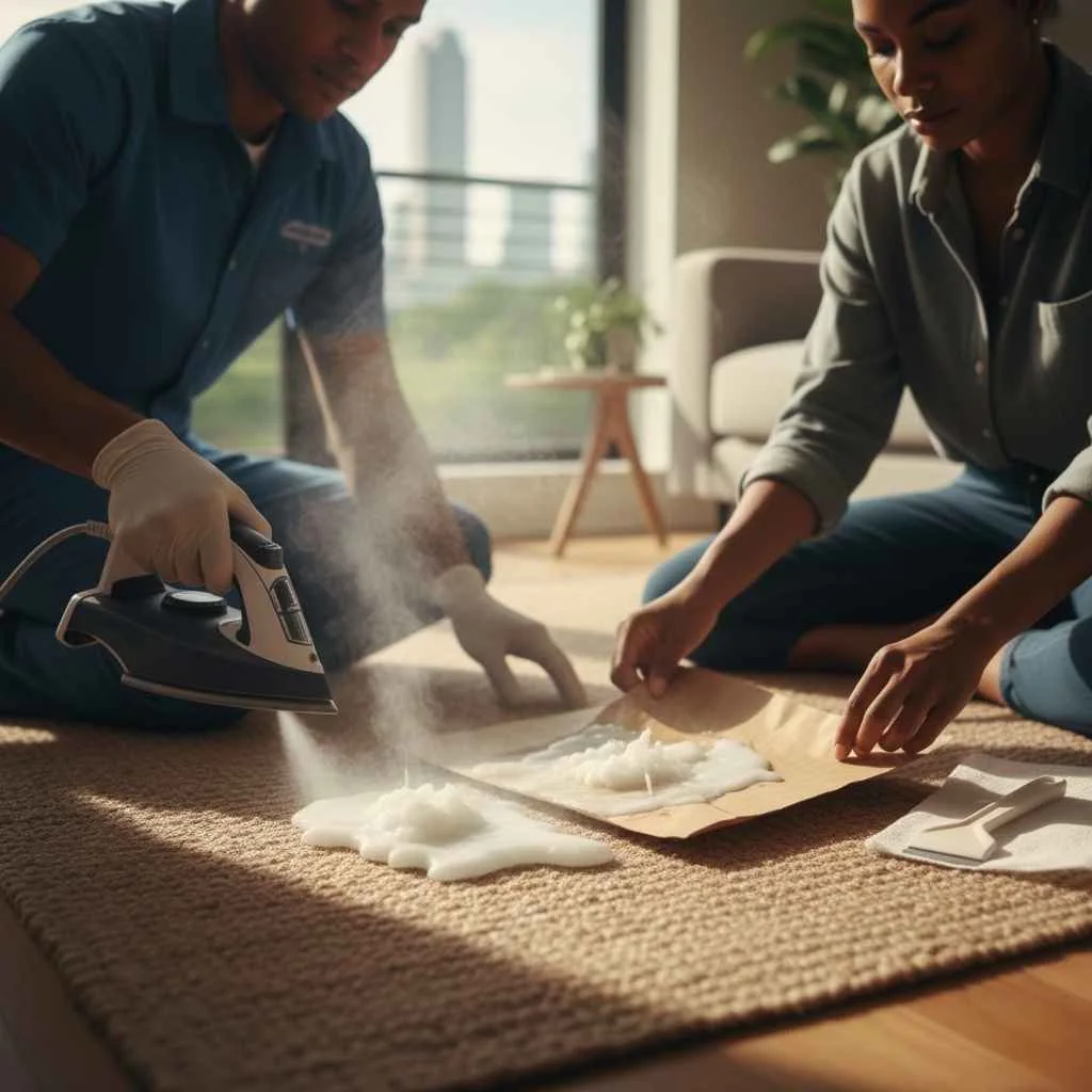 Technician performing controlled wax removal on a rug.
