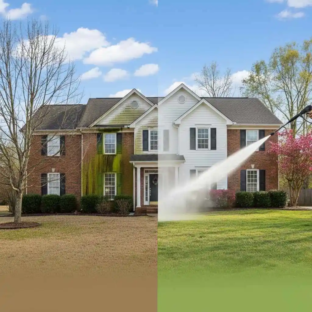 House siding being pressure washed in spring