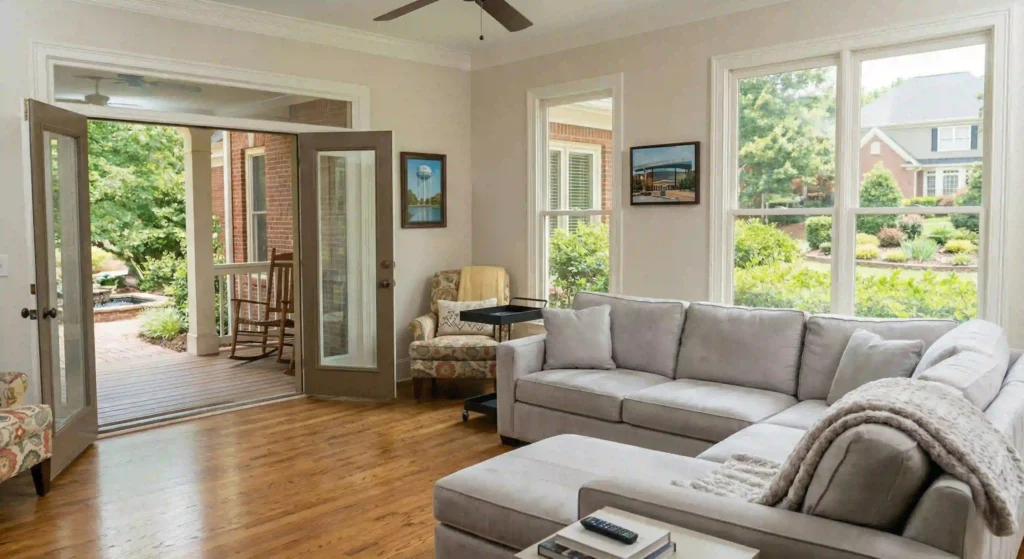 clean modern living room with sofa