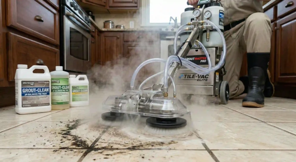 professional tile and grout cleaning equipment in action