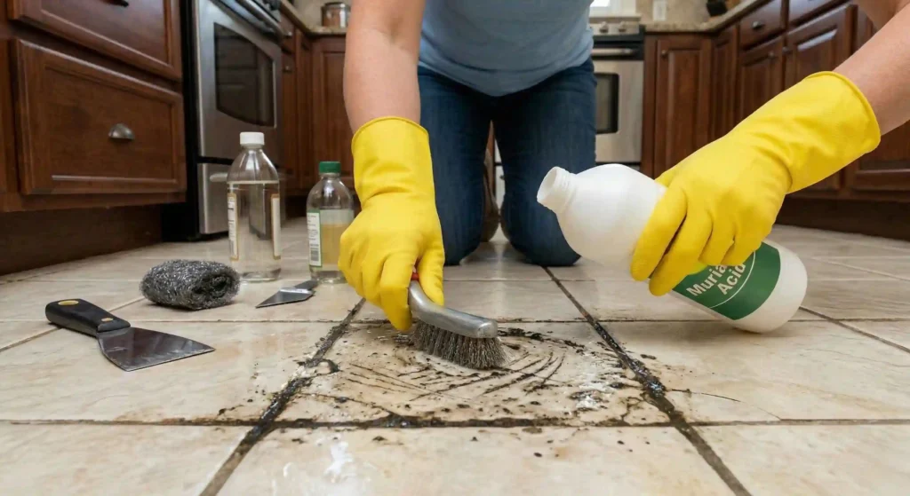 tiled kitchen floor with dirty grout lines in an Atlanta home