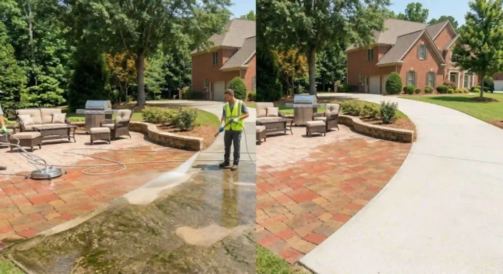 before-and-after comparison of a cleaned patio