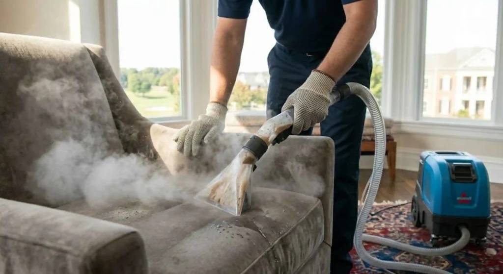 Steam cleaning equipment removing dirt from fabric chair