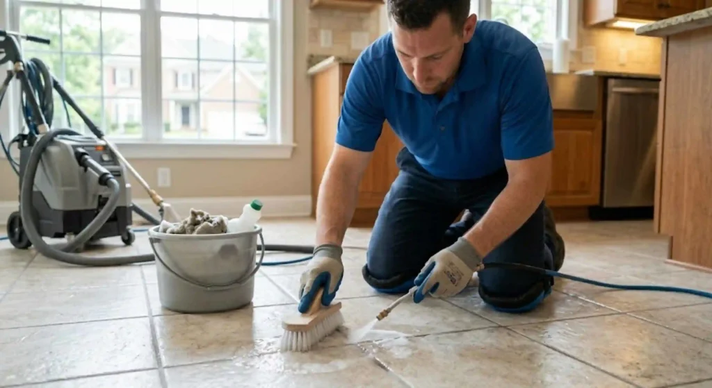 Technician deep-cleaning kitchen grout lines in Suwanee home