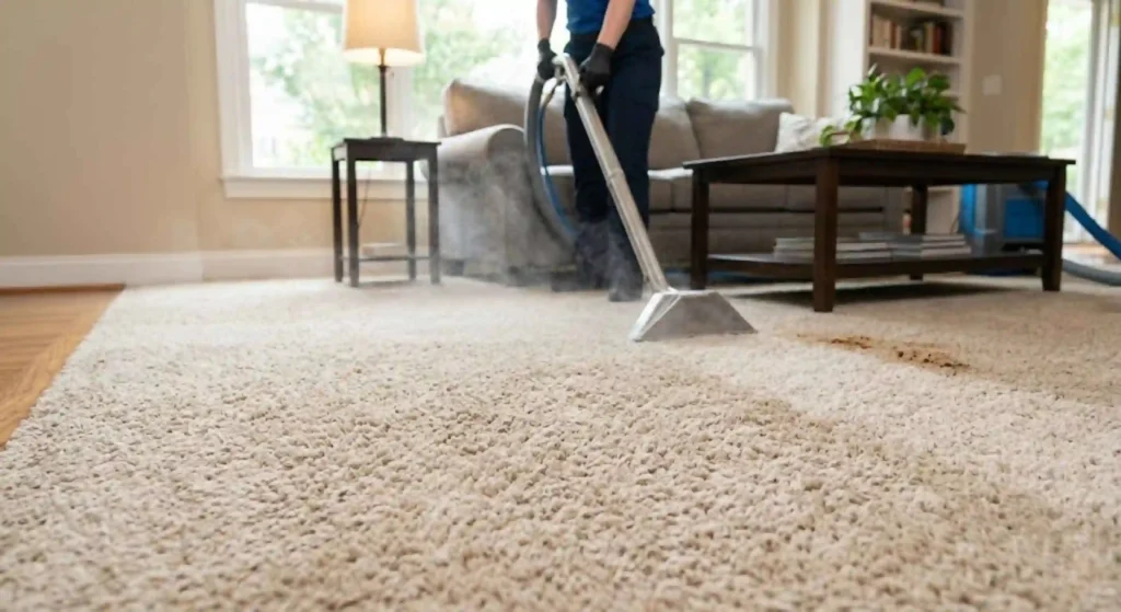 Freshly cleaned carpet in Suwanee home interior with bright restored fibers