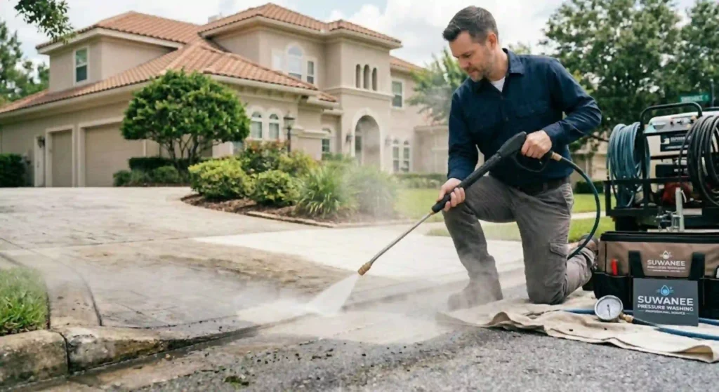 Professional pressure washing service cleaning driveway in Suwanee