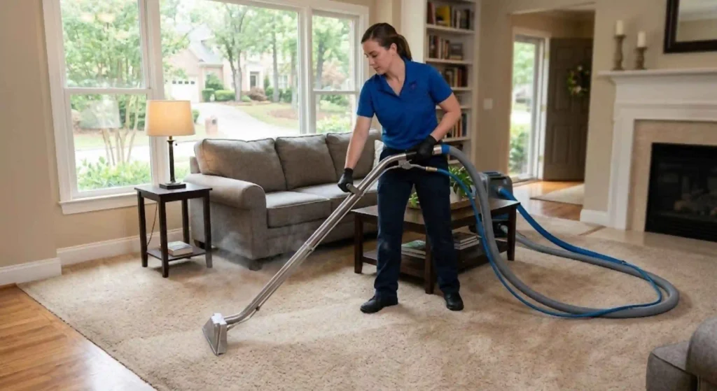 Residential carpet cleaning service in Suwanee living room using steam extraction