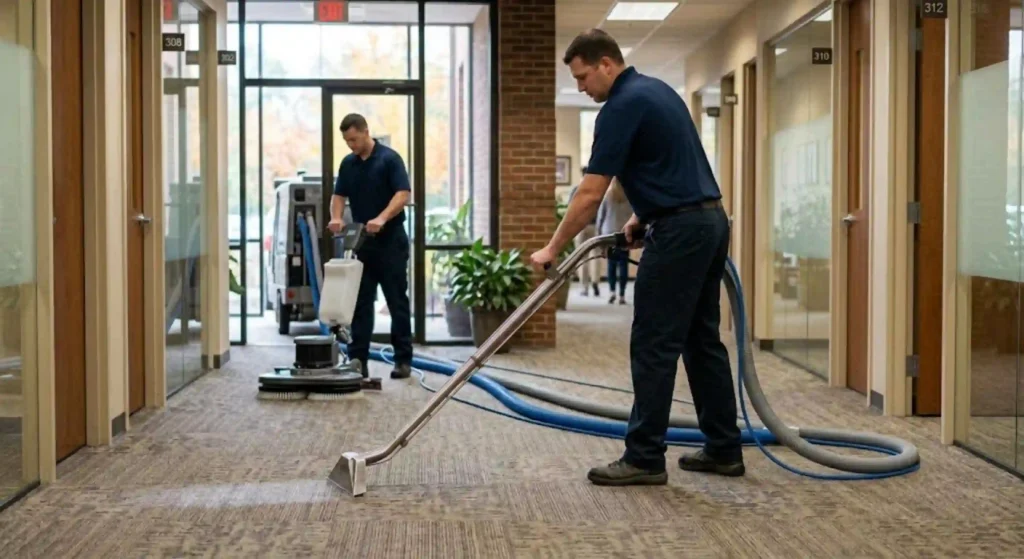 Commercial carpet cleaning team working inside a Buford office building