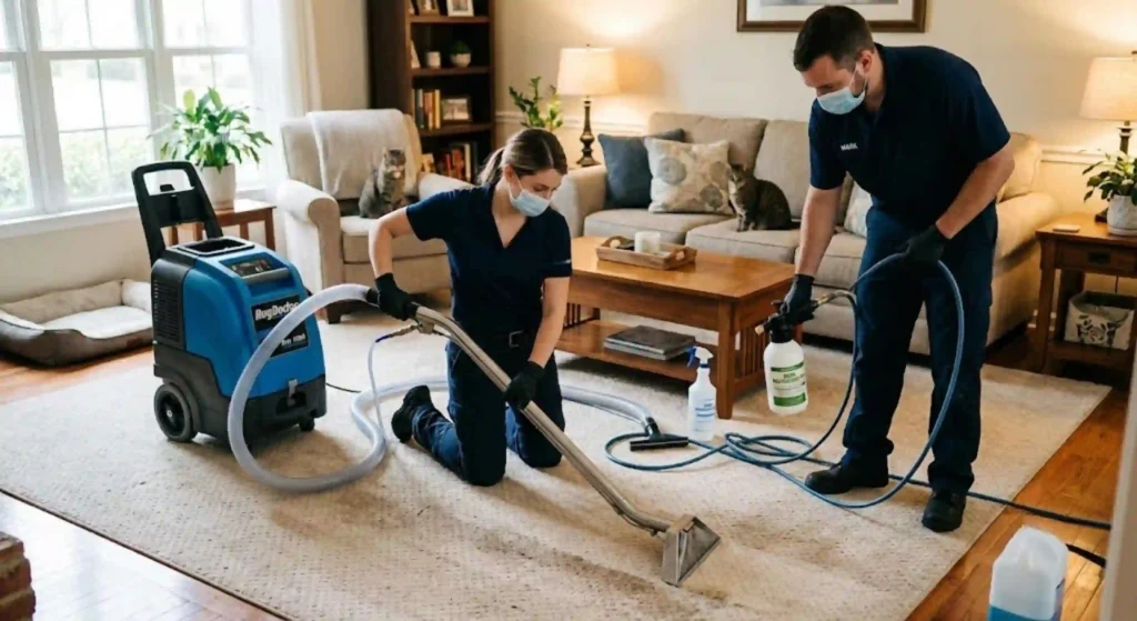 Professional pet odor neutralization team treating carpet in Buford home