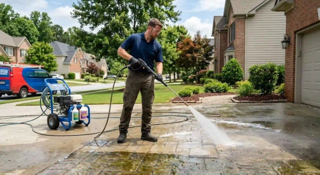 Professional pressure washing technician cleaning a driveway in Lawrenceville