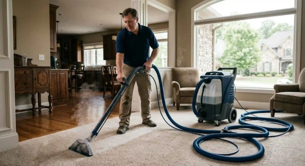 Professional steam carpet cleaning technician working inside a Buford home