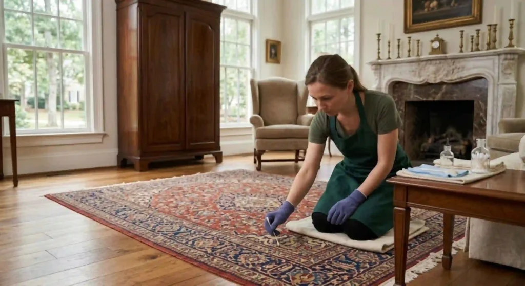 Professional technician treating a delicate area rug in a Buford home