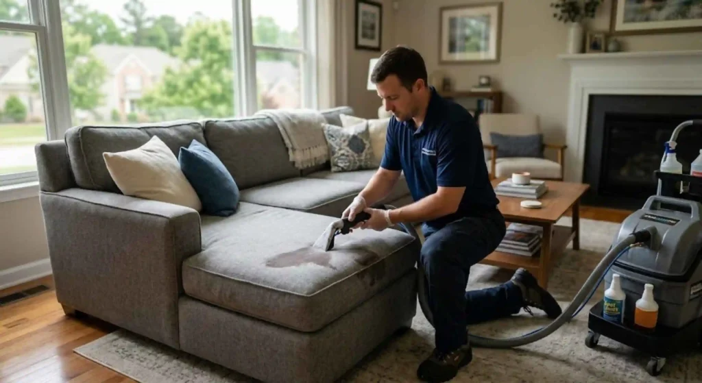 Professional technician treating upholstery stains inside a Buford home